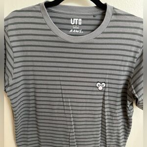 Men’s Grey Striped Uniqlo KAWS Short Sleeve T- Shirt, Size Small
